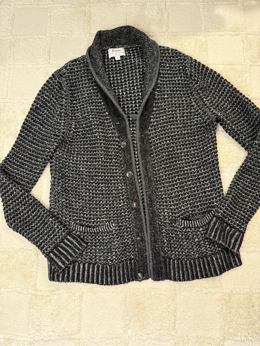 Mens Rag and Bone Chunky Knit Shawl Collar Cardigan in Black Gray Wool Blend L